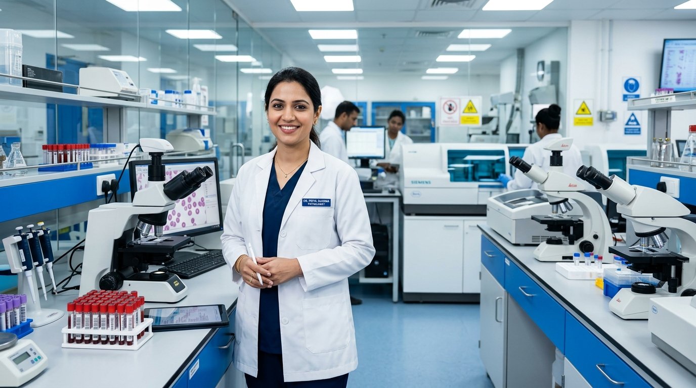 VitaLab pathologist in a modern diagnostic laboratory with blood sample tubes and microscopes