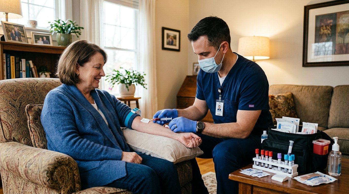 Trained phlebotomist collecting blood sample from a patient at home with professional sterile equipment