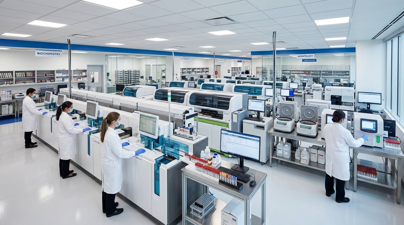 VitaLab modern automated diagnostic laboratory with advanced testing equipment and lab technicians